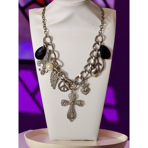 Gothic Charm Necklace Cross Heart Peace Fleur-de-Lis Boho Punk Statement - Picture 1 of 5